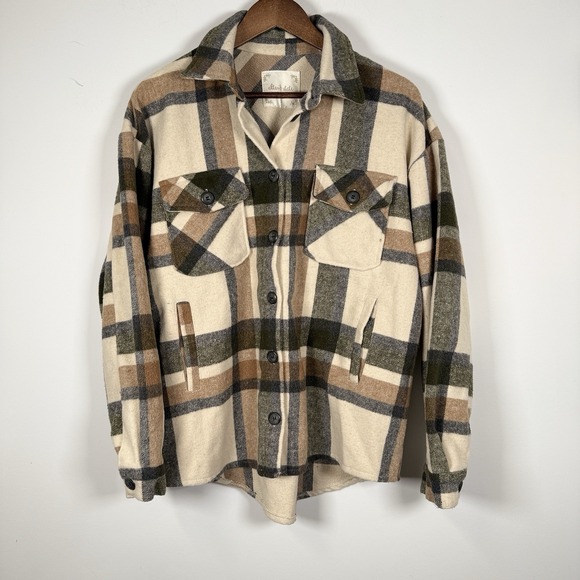 Altar'd State Tops - ALTAR'D STATE Plaid Flannel Button‎ Up Shacket  Size Small Green Tan